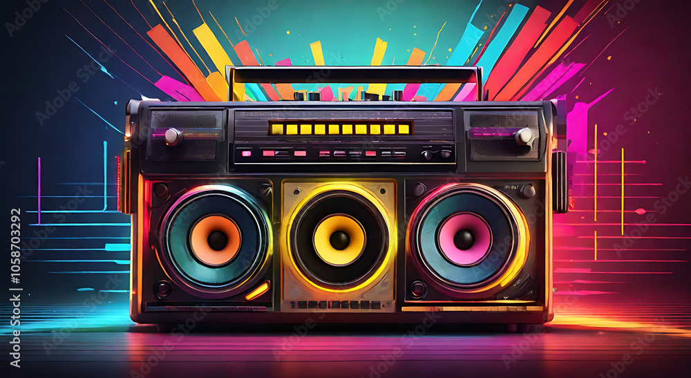 Fototapeta premium A vintage boombox with colorful, pulsating equalizer bars around it, capturing the energy and excitement of retro music culture.