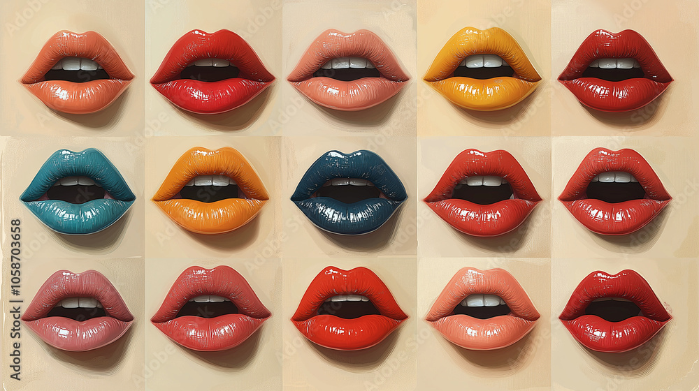 Collage with photos of young woman with different glossy lipsticks on purple background, closeup. Banner design Collage with photos of young woman with different glossy lipsticks on purple background, closeup. Banner design