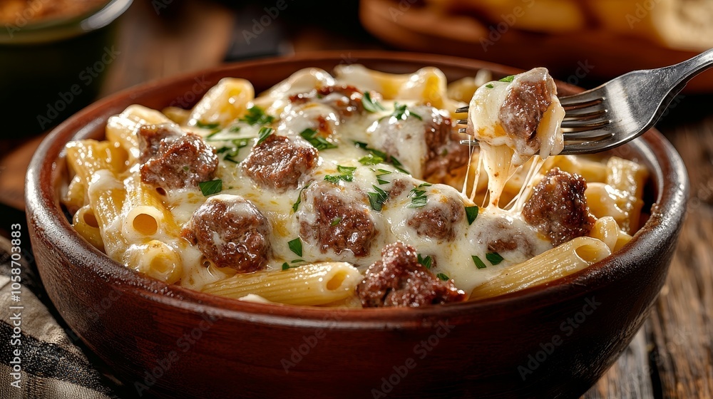 Cheesy Beef Penne.Concept of comfort food, hearty meal, Italian cuisine, cheesy goodness, food photography, culinary arts,food photography, restaurant menu, food blogging. Cheesy Beef Penne.Concept of comfort food, hearty meal, Italian cuisine, cheesy goodness, food photography, culinary arts,food photography, restaurant menu, food blogging.