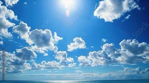 The captivating combination of a blue sky with fluffy white clouds, the vast expanse of the sea, and the vibrant green plants, enjoy the tranquility of nature.Generative AI