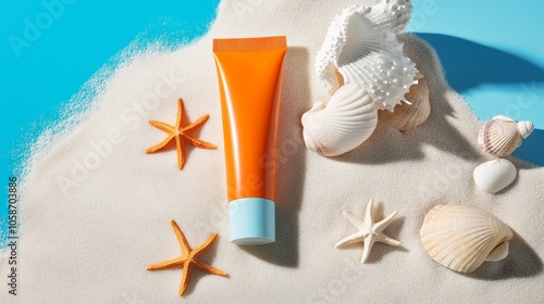 Sunscreen tube on white sand with seashells and starfish, minimalist style, high-res product photo, studio lighting, ad style. photo