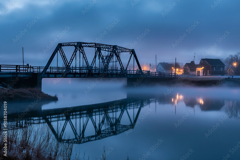 Misty morning at the old bridge over the serene river Misty morning at the old bridge over the serene river