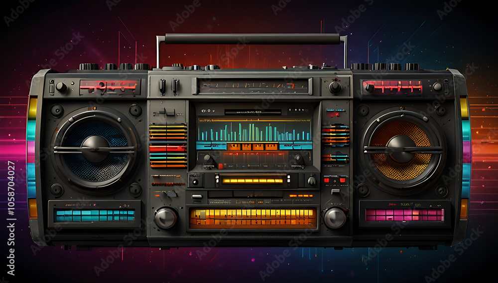 Fototapeta premium A vintage boombox with colorful, pulsating equalizer bars around it, capturing the energy and excitement of retro music culture.