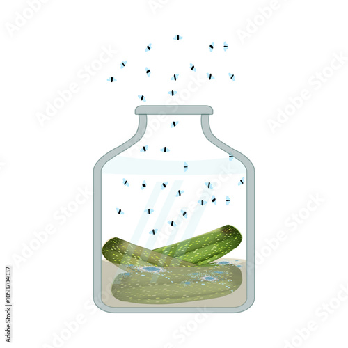 Fruit flies and spoiled pickled cucumber jar. Drosophila melanogaster. Insect swarming around expired products. Organic waste or kitchen leftovers and pest. Rotting damaged food. Vector illustration