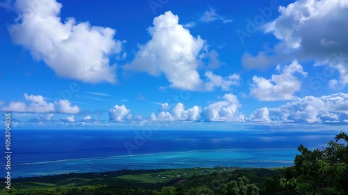 The captivating combination of a blue sky with fluffy white clouds, the vast expanse of the sea, and the vibrant green plants, enjoy the tranquility of nature.Generative AI