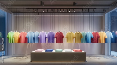 A minimalist clothing store interior with colorful t-shirts hanging on a clothes rack and folded on a table.