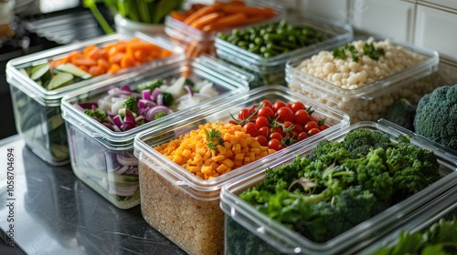 Well-Organized Healthy Meal Prep Featuring Colorful Vegetables and Nutritious Grains in Clear Containers, Promoting Easy Diet Management and Balanced Portions for a Healthier Lifestyle