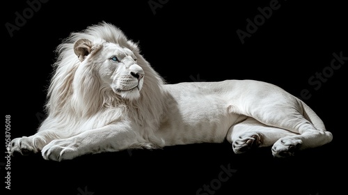 A majestic white lion with piercing blue eyes lies on a black background, illuminated by a spotlight.