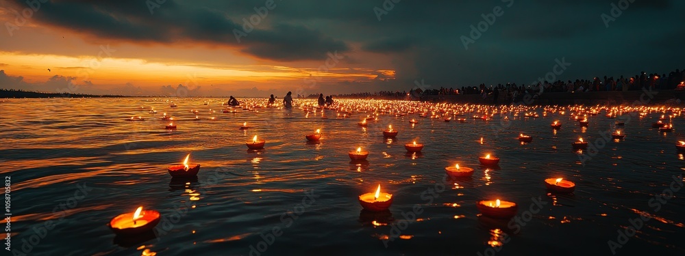 Illuminated Devotion: Ganges Riverbanks Aglow with Diwali Oil Lamps in India.Concept of spirituality, tradition, cultural heritage, religious celebration, community gathering, peace, hope. Illuminated Devotion: Ganges Riverbanks Aglow with Diwali Oil Lamps in India.Concept of spirituality, tradition, cultural heritage, religious celebration, community gathering, peace, hope.