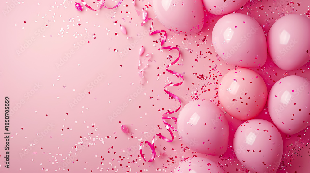 Pink birthday background with balloons, confetti, and streamers, viewed from above. Pink birthday background with balloons, confetti, and streamers, viewed from above.