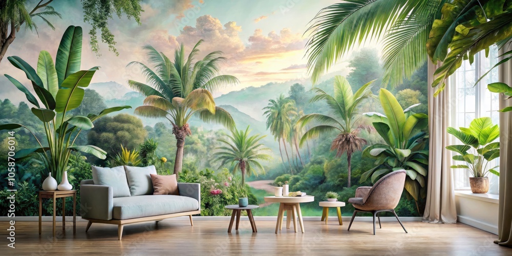 Serene Wall Mural with Banana Tree Wallpaper Design in Pastel Tones and Tropical Landscape for a Calming Home Decor Atmosphere Serene Wall Mural with Banana Tree Wallpaper Design in Pastel Tones and Tropical Landscape for a Calming Home Decor Atmosphere