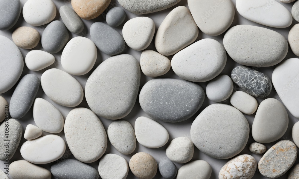 Collection of smooth, gray and white stones arranged on a surface