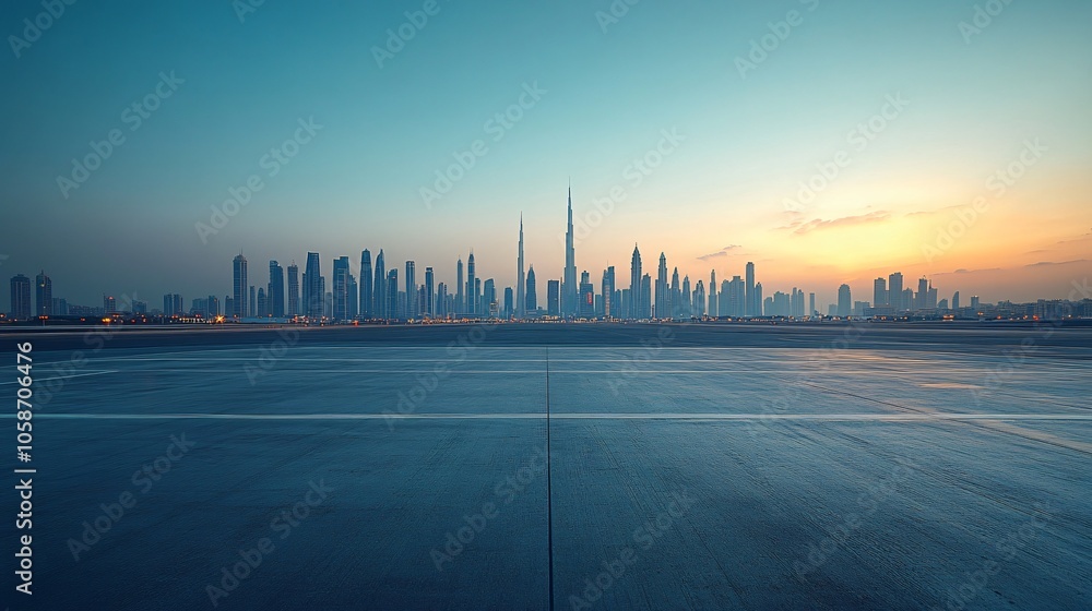 Obraz premium Manhattan, Dubai, Shanghai, and Hong Kong City Centers with Platforms, Roads, Parking Lots, and Brick Pavements for Car Advertisement Background