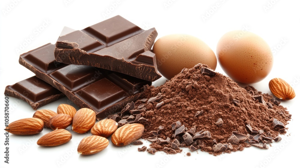 Chocolate, cocoa powder, almonds, and eggs on a white background. Chocolate, cocoa powder, almonds, and eggs on a white background.