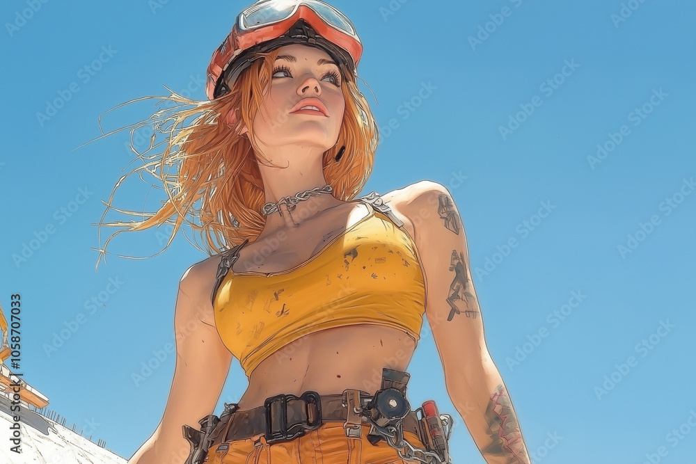 confident female engineer stands under clear blue sky, wearing yellow crop top and goggles, with tools on her belt and tattoos on her arms, exuding strength and determination confident female engineer stands under clear blue sky, wearing yellow crop top and goggles, with tools on her belt and tattoos on her arms, exuding strength and determination