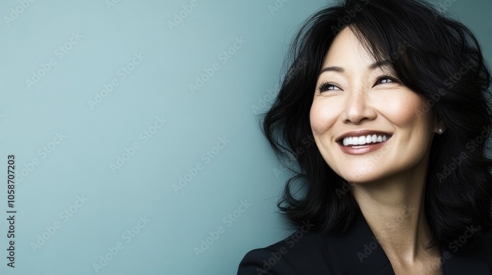 A smiling woman with dark hair against a light blue background. A smiling woman with dark hair against a light blue background.