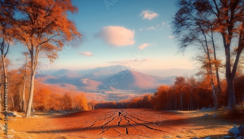 Autumnal Landscape, Cracked Earth, Distant Mountains, Tranquil Afternoon, Partly Cloudy Sky