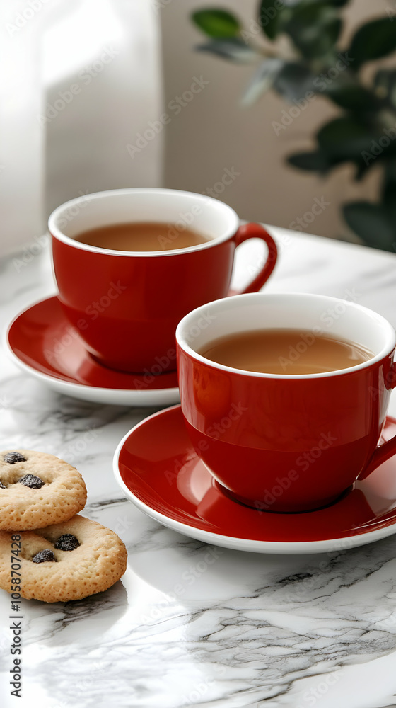 Two Red Tea Cups and Cookies - Photo Two Red Tea Cups and Cookies - Photo