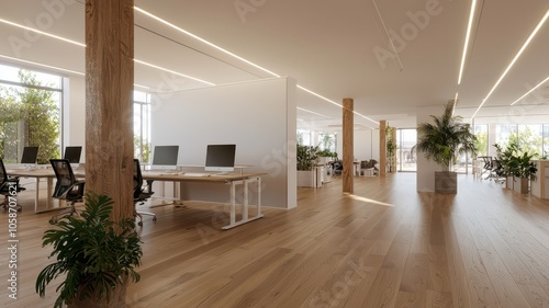 Spacious open office layout featuring a wide-angle view and a blank wall, perfect for customization and creativity.