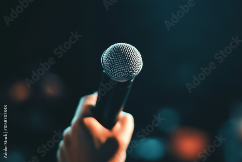 With a firm grip, a performer holds the microphone aloft, hinting at the forthcoming energy and connection with the audience, under vibrant stage lights. Generative AI photo