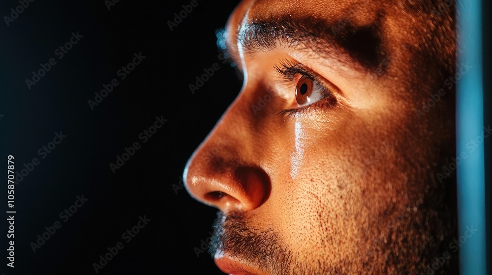 A close-up of a man's face with a tear rolling down his cheek, capturing an emotional moment in low light, evoking feelings of sadness and introspection. A close-up of a man's face with a tear rolling down his cheek, capturing an emotional moment in low light, evoking feelings of sadness and introspection.