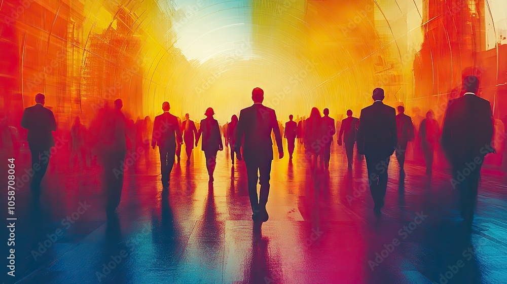 vibrant illustration showing businesspeople walking in circular pattern, with one figure in focus vibrant illustration showing businesspeople walking in circular pattern, with one figure in focus