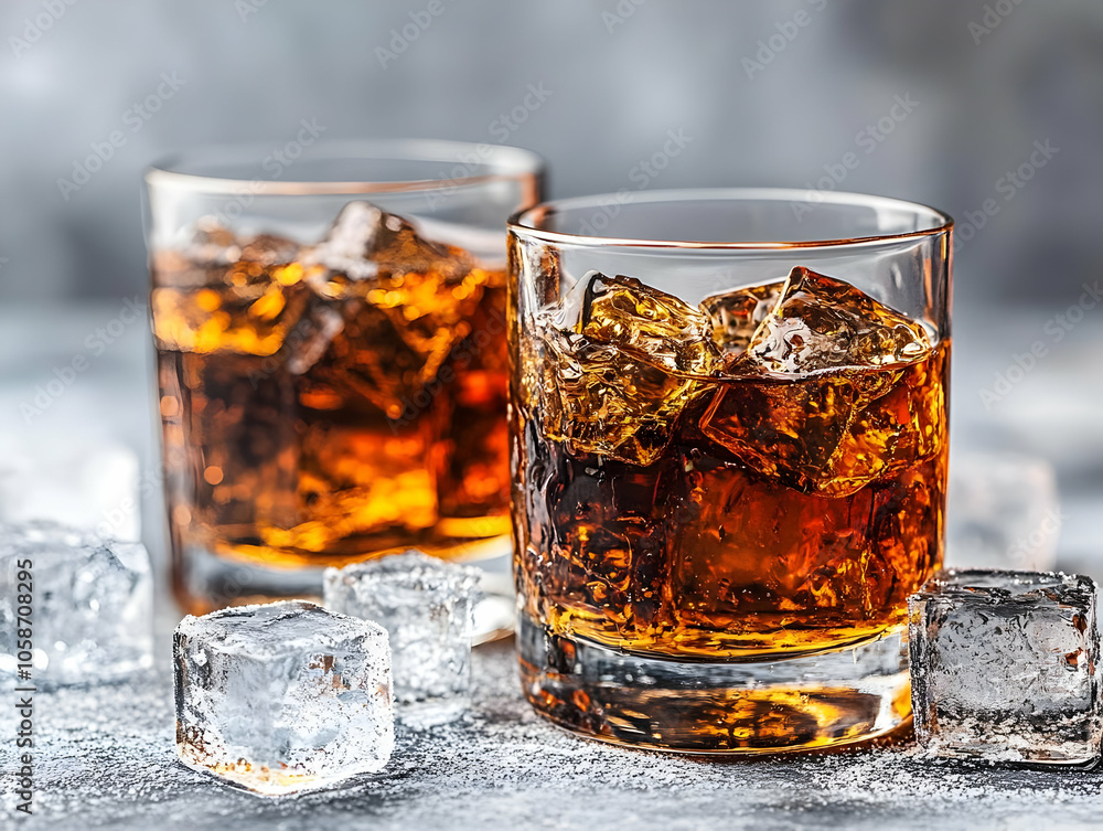 Whiskey on the Rocks Photo - Two Glasses with Ice Cubes Whiskey on the Rocks Photo - Two Glasses with Ice Cubes