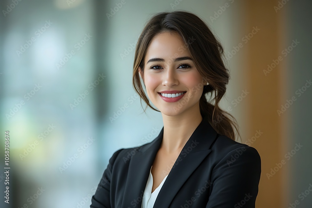 Confident Businesswoman Smiling in Black Suit Portrait Confident Businesswoman Smiling in Black Suit Portrait