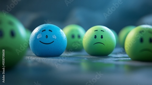 A blue and green ball with a sad face