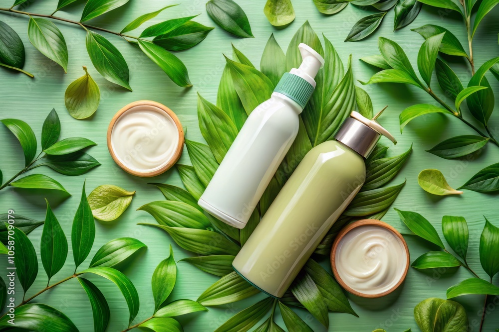 Revitalizing Shampoo and Hair Mask Surrounded by Lush Green Leaves on a Soft Pastel Background – Natural Hair Care Essentials for a Healthy Glow Revitalizing Shampoo and Hair Mask Surrounded by Lush Green Leaves on a Soft Pastel Background – Natural Hair Care Essentials for a Healthy Glow
