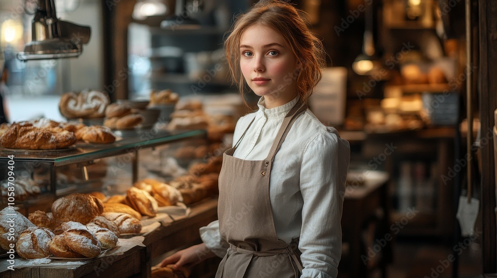 Female baker working at a bakery.Concept of hard work, dedication, traditional craftsmanship, small business, food industry, bakery, culinary arts, bakery industry Female baker working at a bakery.Concept of hard work, dedication, traditional craftsmanship, small business, food industry, bakery, culinary arts, bakery industry
