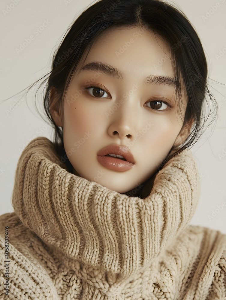Stylish Asian woman in beige knitwear Stylish Asian woman in beige knitwear