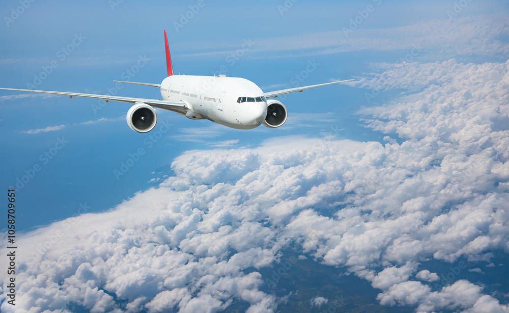 Obraz premium White passenger airplane flying in the sky amazing clouds in the background - Travel by air transport