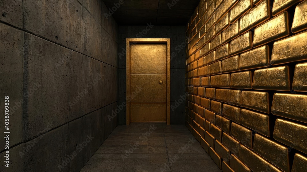A dimly lit corridor featuring a stylish golden door and textured brick walls, creating a modern and inviting atmosphere. A dimly lit corridor featuring a stylish golden door and textured brick walls, creating a modern and inviting atmosphere.