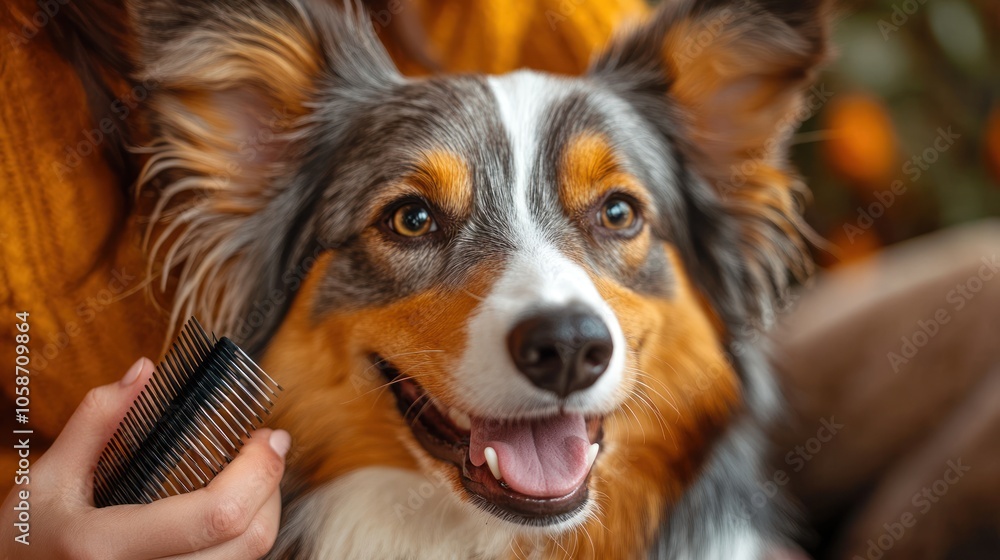 Fototapeta premium A happy dog being groomed with a comb in a cozy setting.