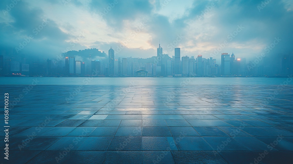 Fototapeta premium Manhattan, Dubai, Shanghai, and Hong Kong City Centers with Platforms, Roads, Parking Lots, and Brick Pavements for Car Advertisement Background