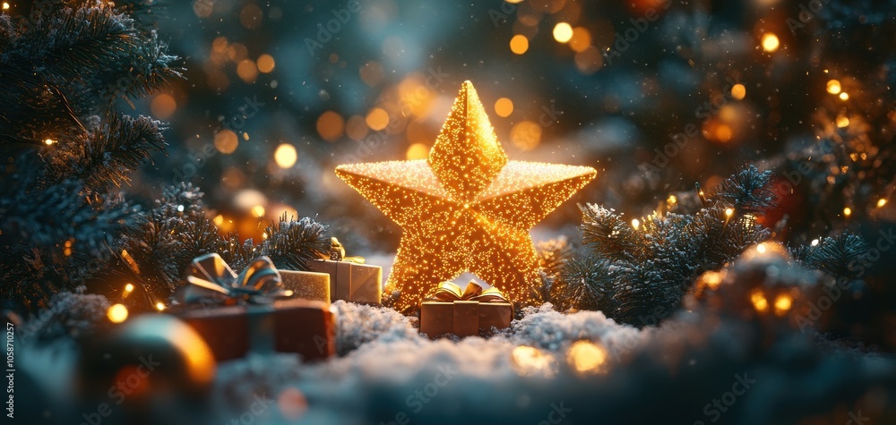 A sparkling golden star atop a snowy scene, surrounded by gifts and festive lights, creating a warm holiday ambiance. A sparkling golden star atop a snowy scene, surrounded by gifts and festive lights, creating a warm holiday ambiance.