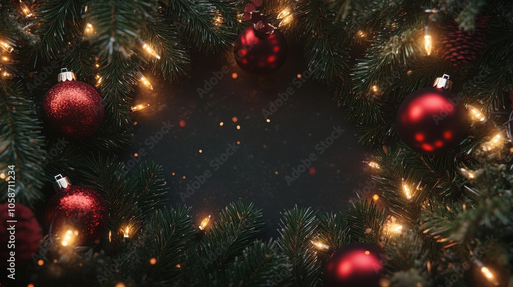 Holiday card with pine branches, red ornaments, and glowing fairy lights for a warm and classic Christmas look. Holiday card with pine branches, red ornaments, and glowing fairy lights for a warm and classic Christmas look.