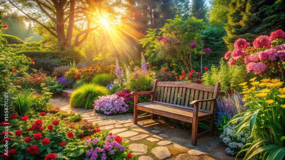 Obraz premium Tranquil Outdoor Retreat with Wooden Bench Amidst Colorful Flowers and Lush Greenery for Peaceful Garden Scene