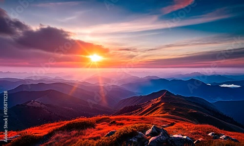 Scenic sunrise over a vast mountain range, showing layered blue peaks reaching towards a colorful, cloud-filled sky.