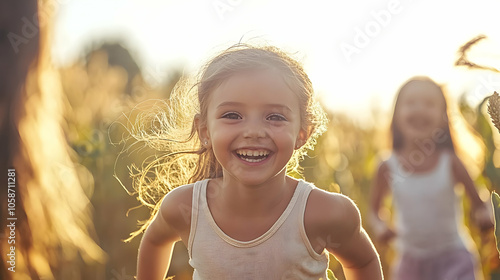 Happy Girl Running Through Cornfield with Friends