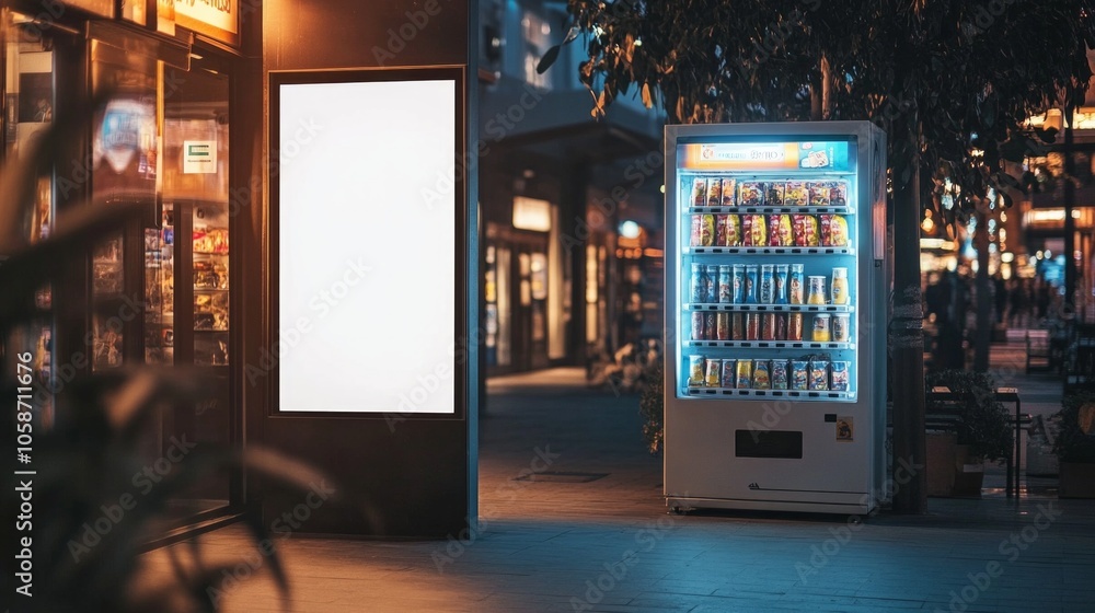 A vending machine is in front of a white sign A vending machine is in front of a white sign