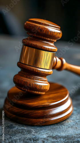 Realistic Image of a Wooden Gavel and Sound Block on a Table photo