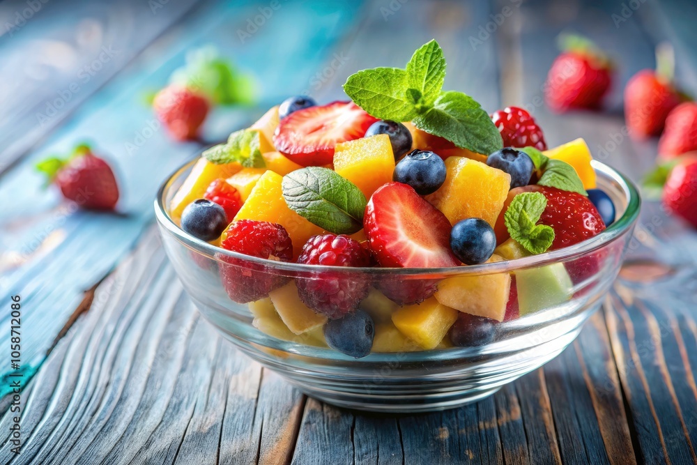 Vibrant and Refreshing Fruit Salad in a Glass Bowl with Natural Lighting for Healthy Eating Inspiration Vibrant and Refreshing Fruit Salad in a Glass Bowl with Natural Lighting for Healthy Eating Inspiration