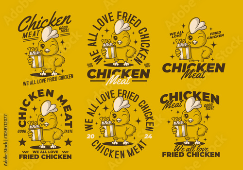 We all love fried chicken. Retro mascot character of chicken or rooster holding a cup of fried chicken