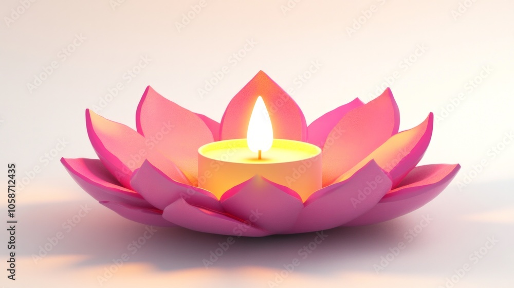 A pink candle is lit in a flower shaped holder A pink candle is lit in a flower shaped holder