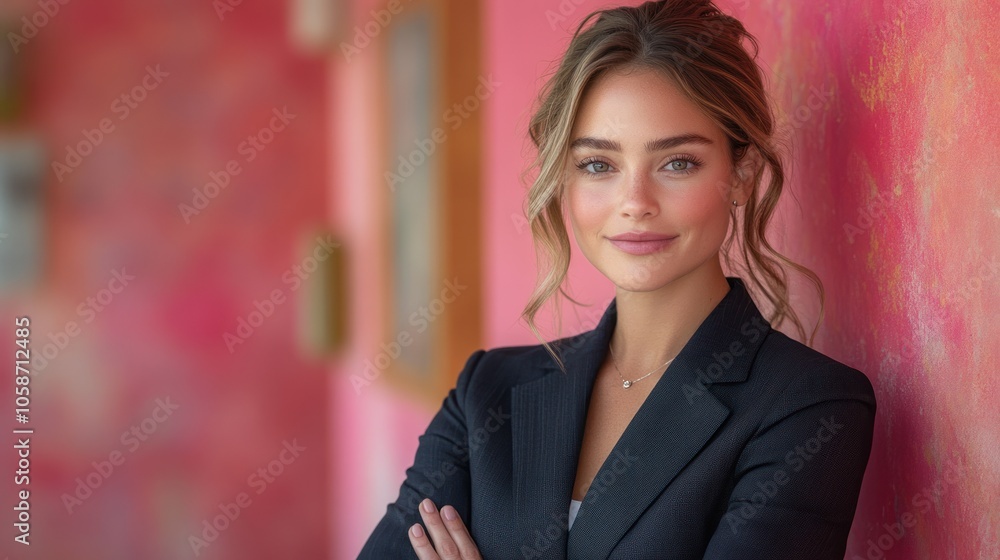 A confident woman poses against a colorful background. A confident woman poses against a colorful background.