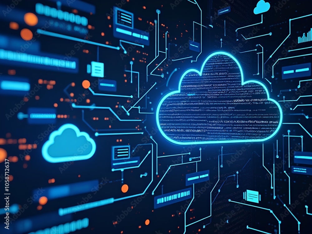 Illustration of digital transformation, with computer code, cloud storage icons, and technology symbols blending together Illustration of digital transformation, with computer code, cloud storage icons, and technology symbols blending together