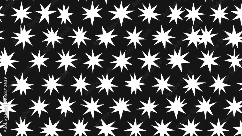 A seamless pattern of white, 8-pointed stars on a black background. A seamless pattern of white, 8-pointed stars on a black background.