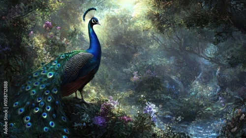 A vibrant peacock stands on a rock in a lush, mystical forest, surrounded by colorful flowers and a cascading waterfall.